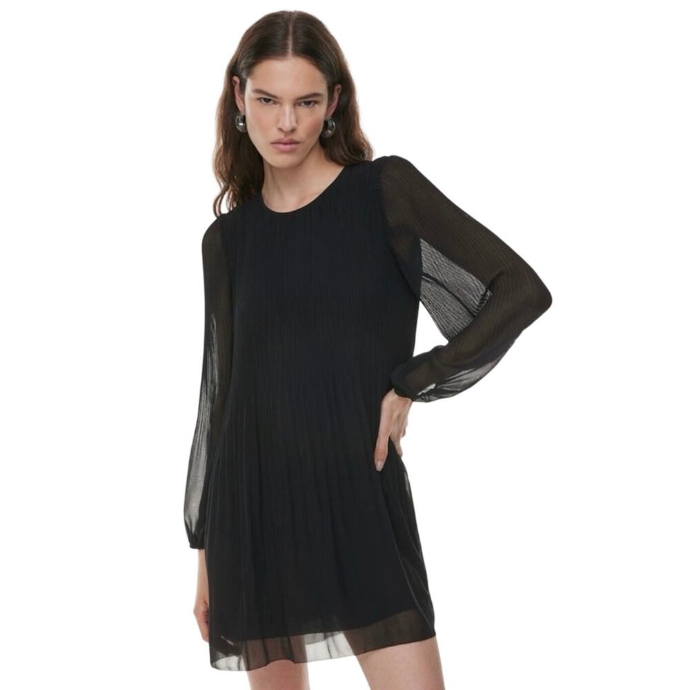 WILFRED Aritizia Women’s Pleated Sheer Long Sleeve Mini Black Dress— NWT Size XS